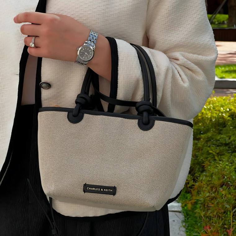 Charles & Keith Sabine Canvas Knotted-Handle Tote Bag - Black