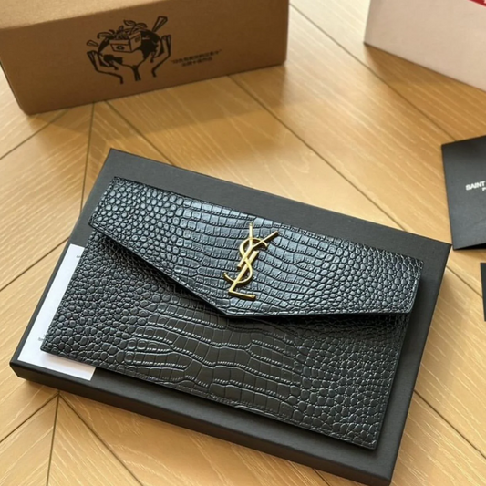 YSL uptown pouch in crocodile-embossed shiny leather