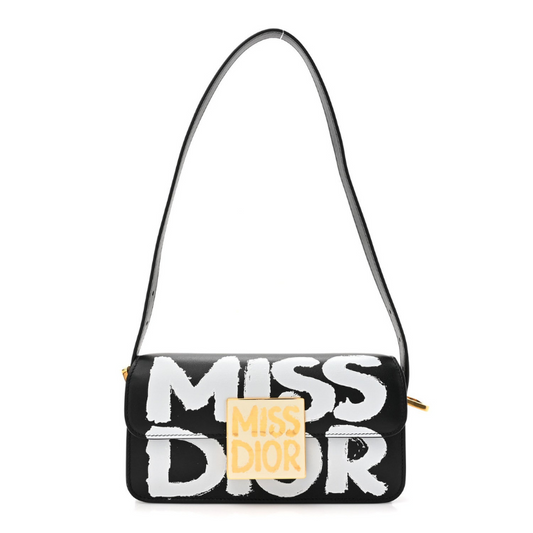 Christian Dior Calfskin Graffiti Printed Miss Dior Flap Black White